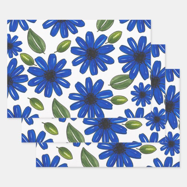 Feuille De Papier Cadeau Motif de fleurs bleues dessinées à la main (Lot)