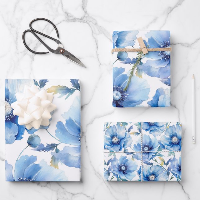 Feuille De Papier Cadeau Motif de fleurs Blue Poppies (Recto)