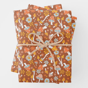 Feuille De Papier Cadeau Motif de fleurs de champignons Vintages rétro