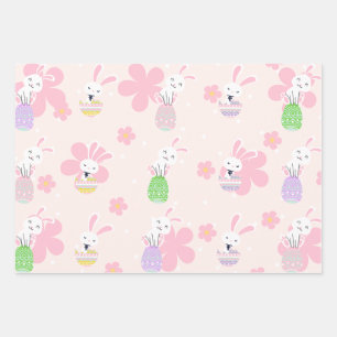 Feuille De Papier Cadeau Motif de fleurs d'oeufs de Pâques de lapin coloré