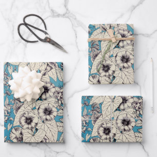 Feuille De Papier Cadeau Motif de fleurs en bleu blanc