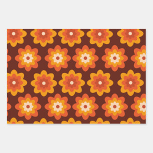 Feuille De Papier Cadeau Motif de fleurs orange bohème hippie rétro groovy