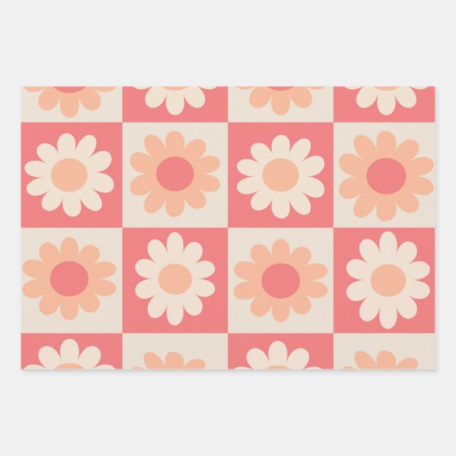 Feuille De Papier Cadeau motif de fleurs rétro À damiers Peach Fuzz (Devant)