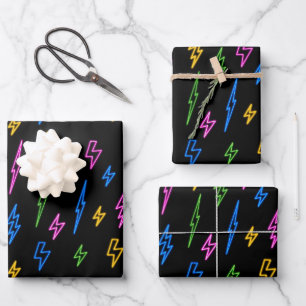 Feuille De Papier Cadeau Motif de foudre Retro Neon des années 80