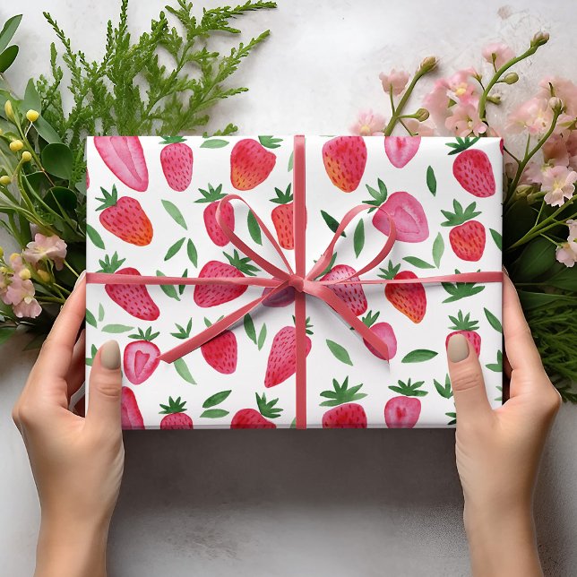 Feuille De Papier Cadeau Motif de fraises d'aquarelle mignonne (Créateur téléchargé)