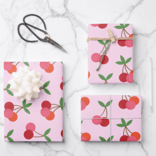 Feuille De Papier Cadeau Motif de fruits cerisiers en rose et rouge personn