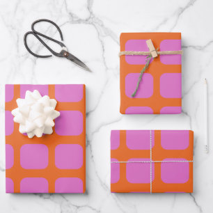 Feuille De Papier Cadeau Motif de grille géométrique rose et orange vif