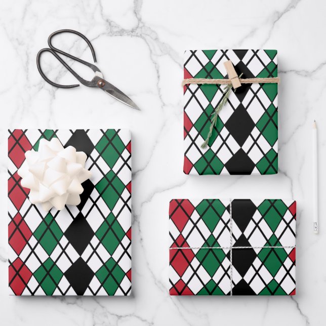 Feuille De Papier Cadeau Motif de Jacquard rouge vert noir (Recto)