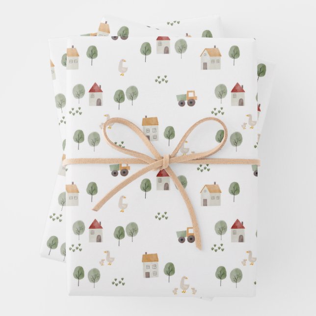 Feuille De Papier Cadeau Motif de la ferme d'aquarelle (En situation)