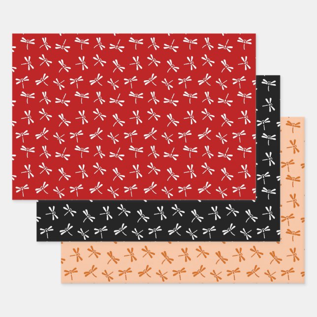 Feuille De Papier Cadeau Motif de libellules japonais, Rouge, Noir, Orange (Lot)