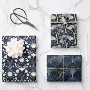 Feuille De Papier Cadeau Motif de luxe Art déco bleu et or