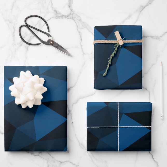 Feuille De Papier Cadeau Motif de maillage géométrique bleu foncé et noir (Recto)