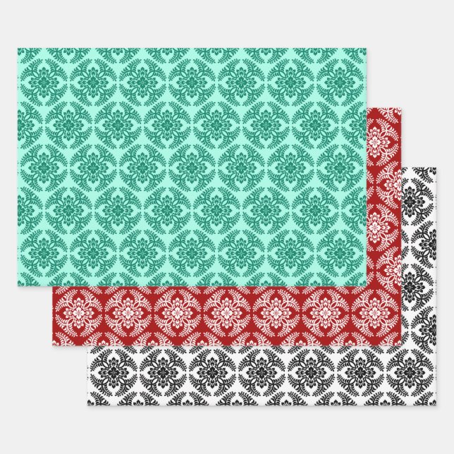 Feuille De Papier Cadeau Motif de médaillon japonais, Aqua. Rouge, noir/bla (Lot)