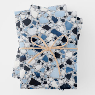 Feuille De Papier Cadeau Motif de mosaïque terrazzo bleu et blanc