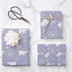 Feuille De Papier Cadeau Motif de Noël avec ours polaires et flocons de nei