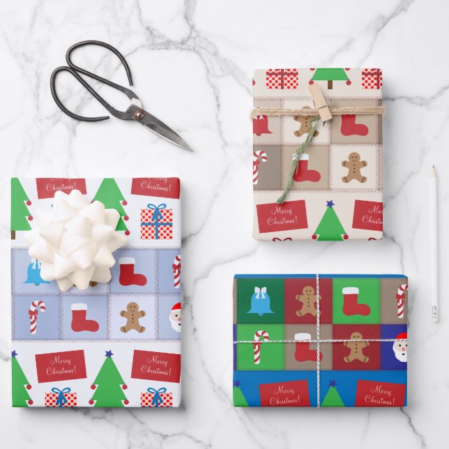 Feuille De Papier Cadeau Motif de Noël Bleu Beige et coloré (Recto)