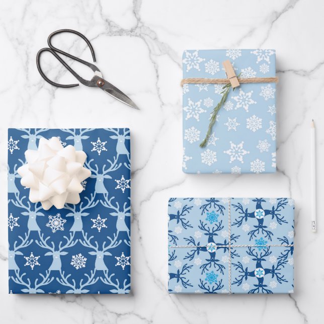 Feuille De Papier Cadeau Motif de Noël Blue Reindeer (Recto)