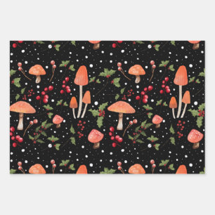 Feuille De Papier Cadeau Motif de Noël Cottagecore Champignon d'Hiver