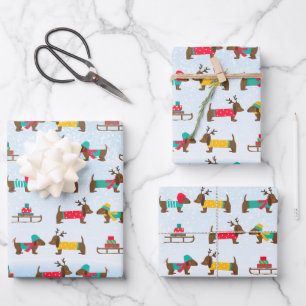 Feuille De Papier Cadeau Motif de Noël Dachshunds Renne Traîneau Neige
