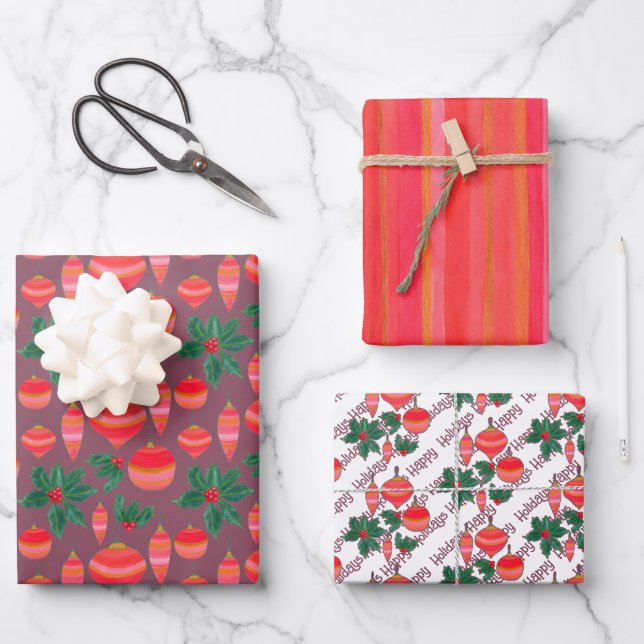 Feuille De Papier Cadeau Motif de Noël rouge et or rayé (Recto)