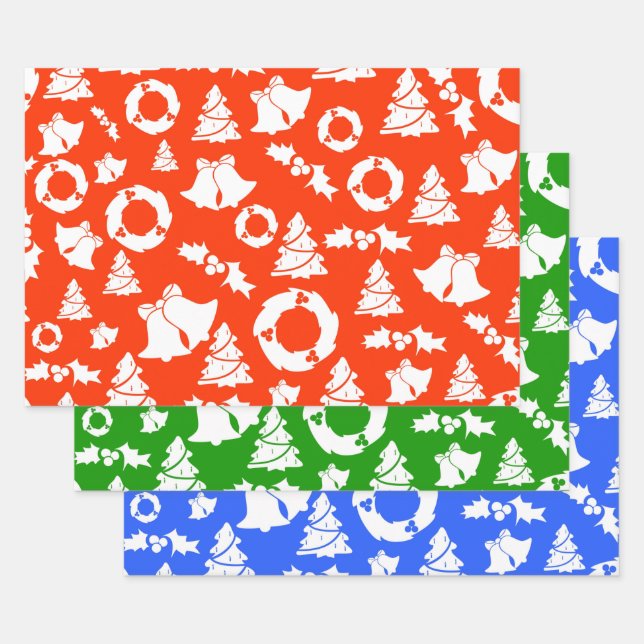 Feuille De Papier Cadeau Motif de Noël rouge, vert et bleu (Lot)