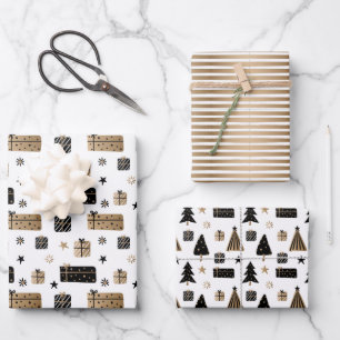Feuille De Papier Cadeau Motif de Noël scandinave en or noir sur blanc