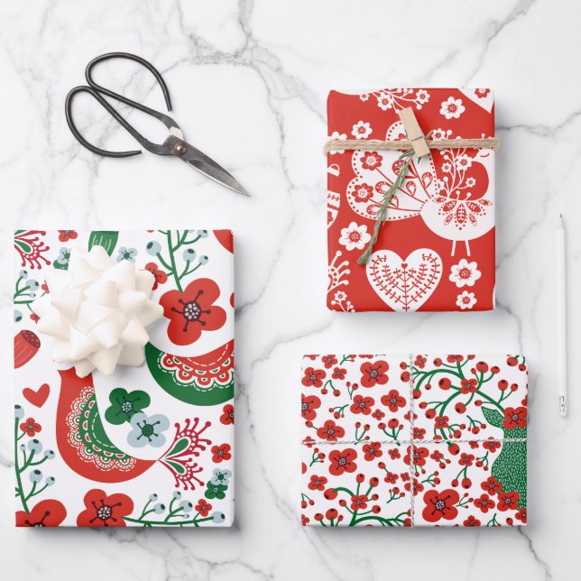 Feuille De Papier Cadeau Motif de Noël scandinave w Fleurs et oiseaux (Recto)