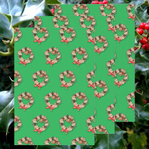 Feuille De Papier Cadeau Motif de Noël Vintage, Couronnes florales sur vert