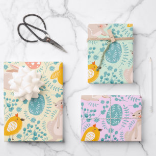 Feuille De Papier Cadeau Motif de Pâques avec oeufs, lapin, poussin, fleurs