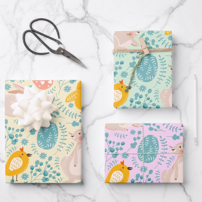 Feuille De Papier Cadeau Motif de Pâques avec oeufs, lapin, poussin, fleurs (Recto)