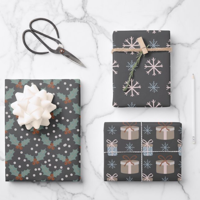 Feuille De Papier Cadeau Motif de parcelle de Noël Holly Snow Flake (Recto)