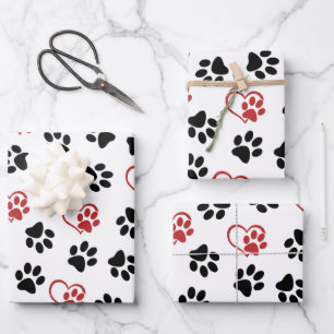 Feuille De Papier Cadeau Motif de pattes, pattes noires, pattes rouges, cœu