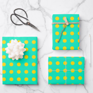 Feuille De Papier Cadeau Motif de points rétro mignons en vert et jaune