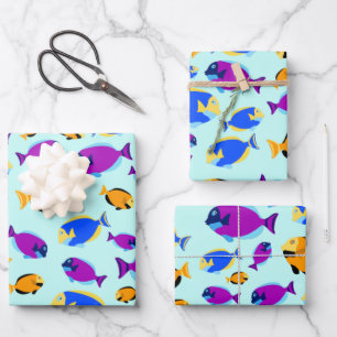 Feuille De Papier Cadeau Motif de poissons tropicaux colorés en Mer Bleue