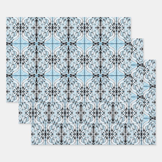 Feuille De Papier Cadeau Motif de répétition Abstrait bleu noir blanc (Lot)
