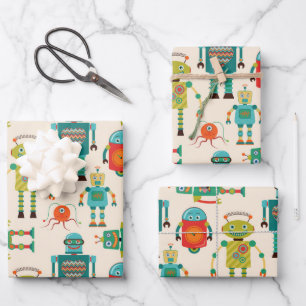 Feuille De Papier Cadeau Motif de robots rétro colorés