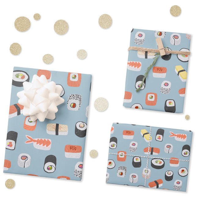 Feuille De Papier Cadeau Motif de rouleaux Sushi Nigiri Maki (Fun Japanese sushi pattern gift wrapping paper)