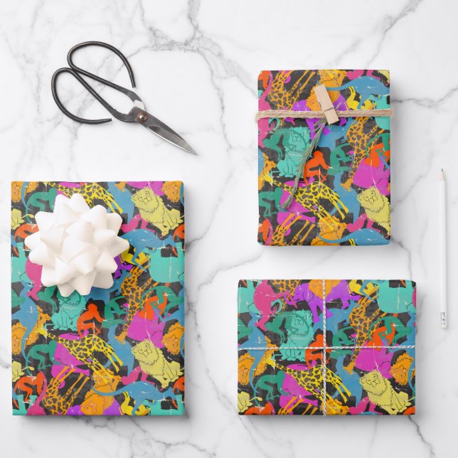 Feuille De Papier Cadeau Motif de silhouettes animales rétro (Recto)