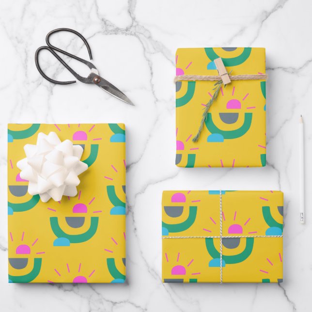 Feuille De Papier Cadeau Motif de soleil Abstrait géométrique rétro (Recto)