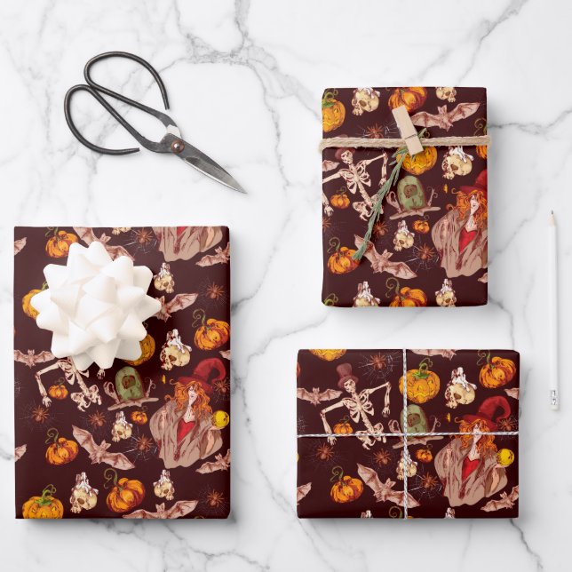 Feuille De Papier Cadeau Motif de sorcières squelettes Halloween gothique (Recto)