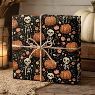 Feuille De Papier Cadeau Motif de squelettes et de citrouilles d'Halloween 