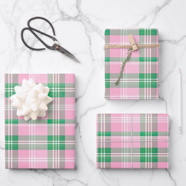 Feuille De Papier Cadeau Motif De Tartan Rose Et Vert Fâcheux (Recto)