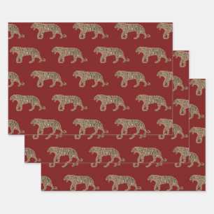 Feuille De Papier Cadeau Motif de tigre de Parties scintillant rouge noir f