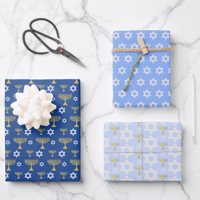 Feuille De Papier Cadeau Motif de vacances Gold et Blue Hanoukka (Recto)