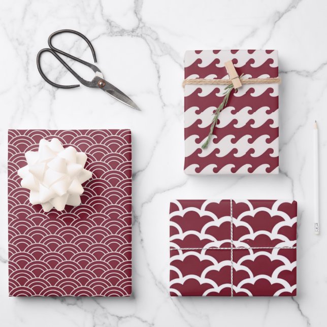 Feuille De Papier Cadeau Motif de vague géométrique rouge + blanc | (Recto)
