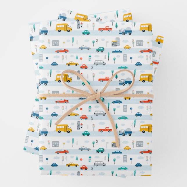 Feuille De Papier Cadeau Motif de véhicule routier migre (En situation)