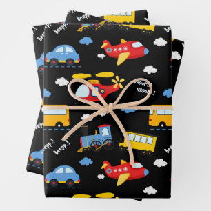 Feuille De Papier Cadeau Motif de véhicules de dessin animé mignon