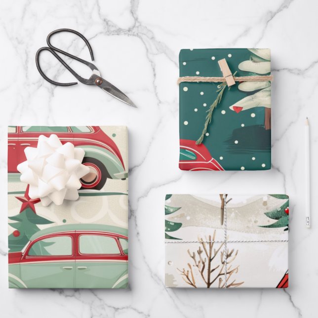 Feuille De Papier Cadeau Motif de voiture de Noël (Recto)