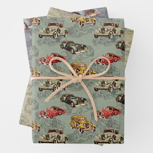 Feuille De Papier Cadeau Motif de voitures rétro aquarelle (En situation)