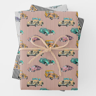 Feuille De Papier Cadeau Motif de voitures rétro aquarelle